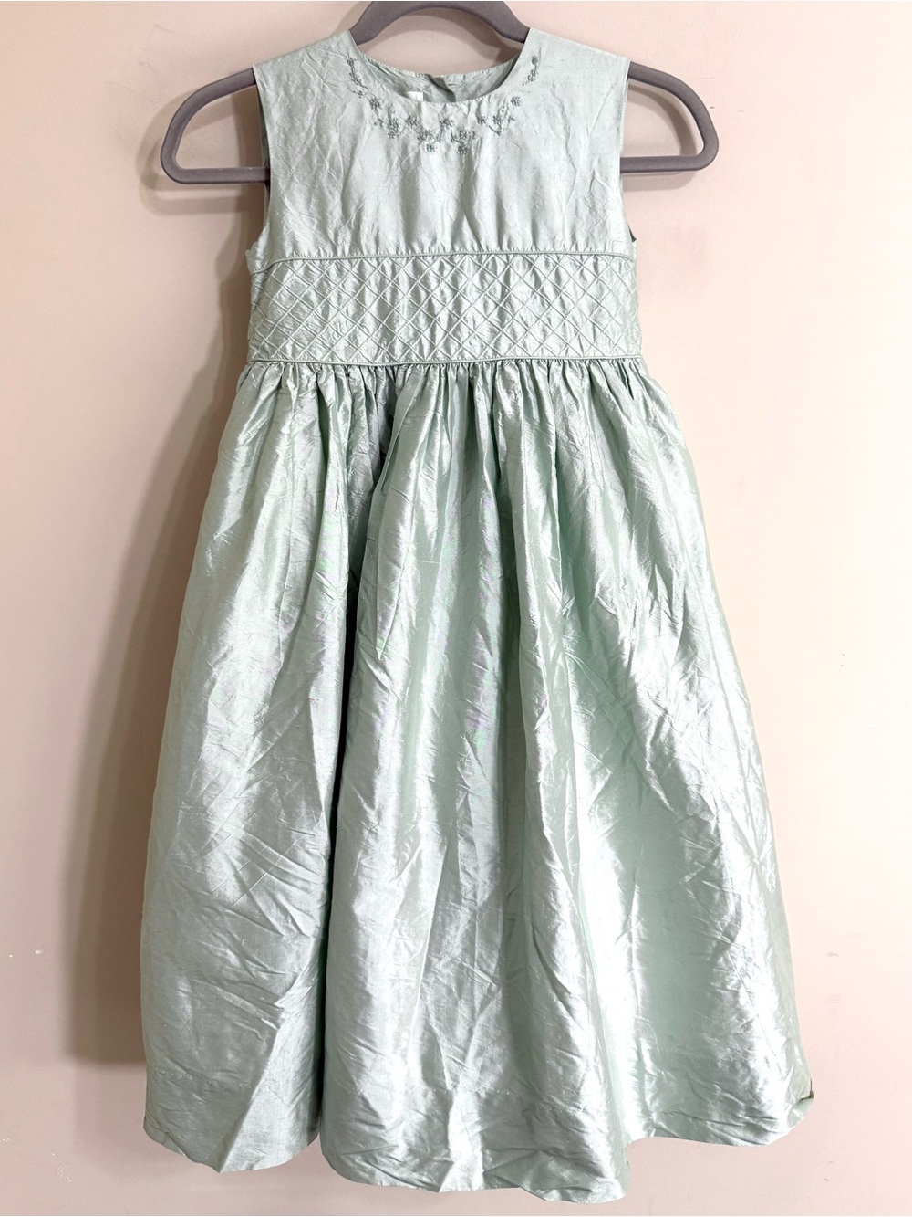 VINTAGE STRASBURG Girls Silk Embroidered Formal Dress 8 Sage Green 90s Heirloom